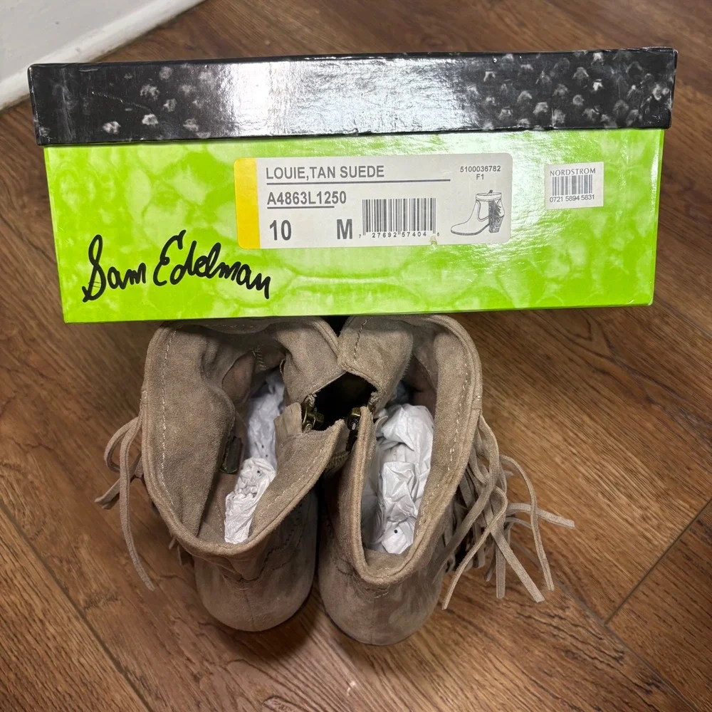 Sam Edelman Louie Tan Suede Fringe Ankle Boots Womens 10 M Western Festival Boho